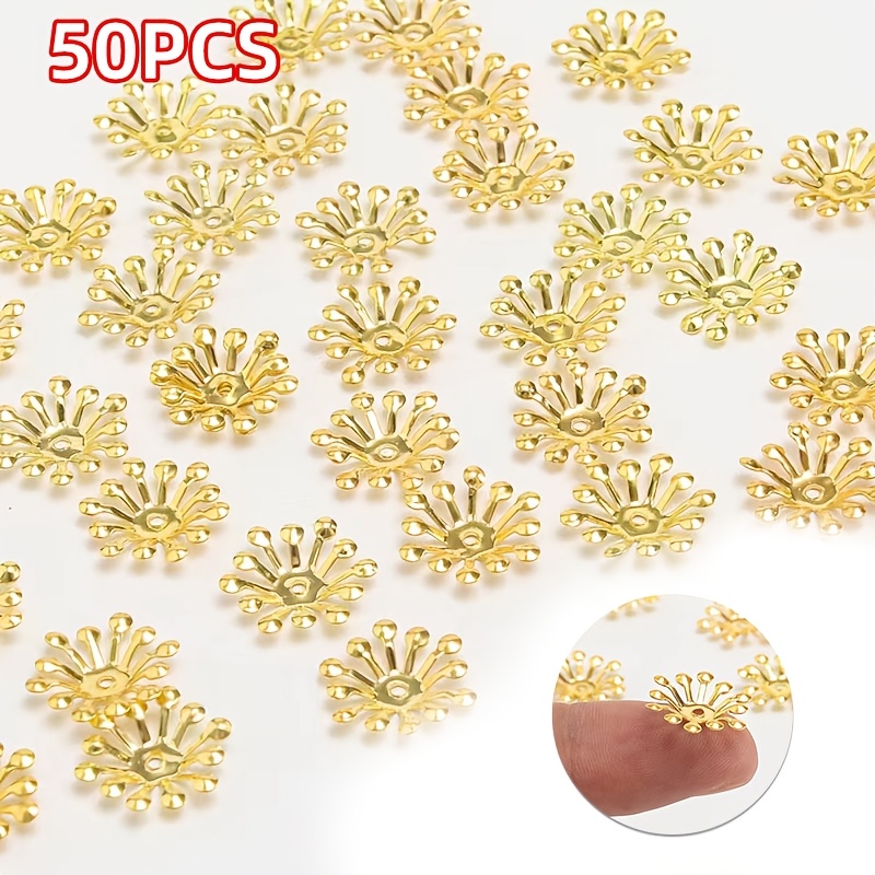 

50pcs 0.59" Capsules de Perles Fleur Dorées & Argentées - Design de Pétales de Fer Intricat pour l'Artisanat DIY & la Fabrication de Bijoux, Métallique , Accessoires de Base, Fournitures