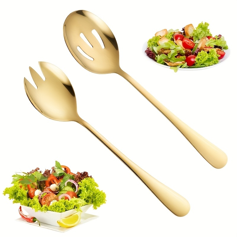 TEMU 2pcs Stainless Steel Salad Cutlery, Slotted Spoon Three-tooth Fork Filter Spoon Service Set, Suitable For Dessert Salad Pasta Fruit