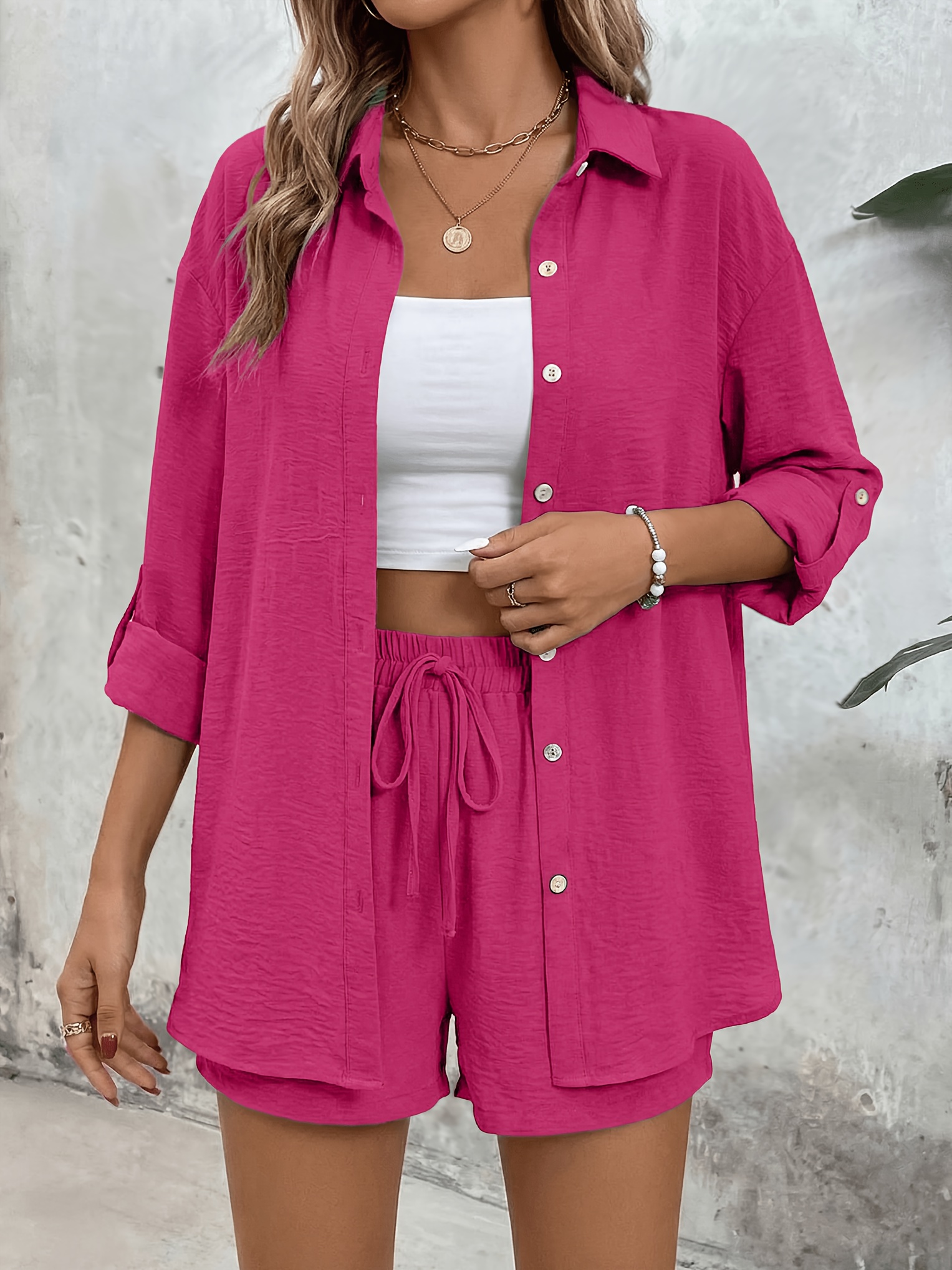 lente/zomer     shirtset met lange mouwen en korte broek met hoge taille, een stijlvolle en comfortabele essentiële set voor thuis en op reis