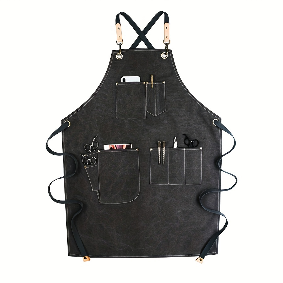 TEMU Canvas Stylist Apron With Cross-back Straps And Multiple Pockets, Durable Woven Polyester-cotton Blend, Ideal For Barbers, Florists, Artists, And Gardeners - 1 Piece