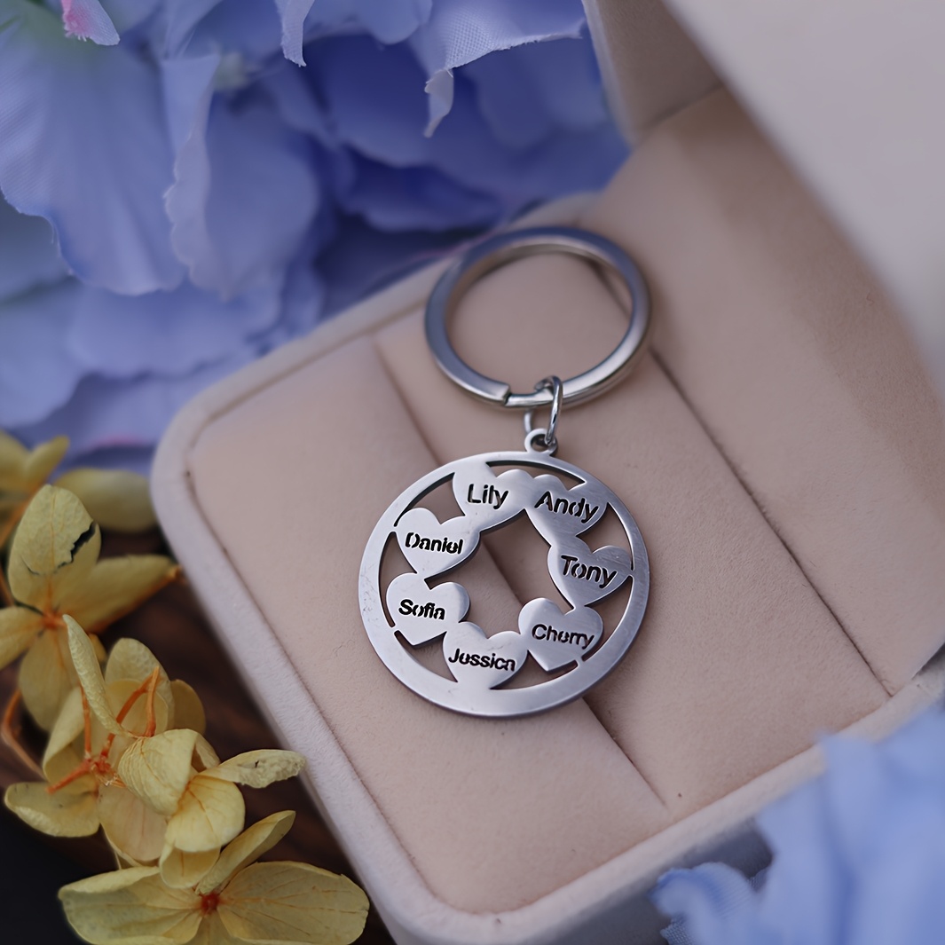 TEMU Custom Engraved 7 Names Heart Keychain, Personalized Stainless Steel Family Friend Name Keychain, Customized Keychain Love Gift