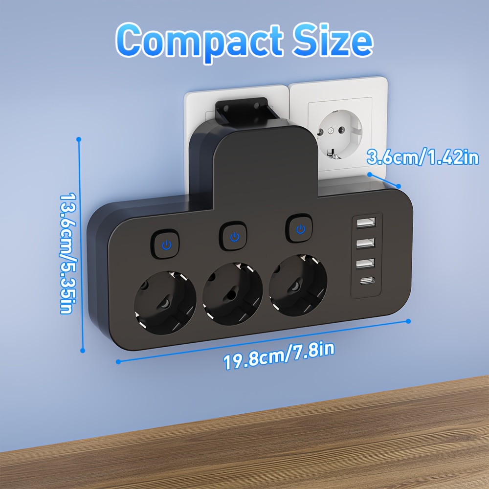 3-Poorts AC Stopcontact met 3 USB Poorten en 1 Type-C Poort | EU Stekker Converter met Onafhankelijke Schakelaars, Reizen/Thuis/Kantoor Gebruik, Geen Kabel Inbegrepen