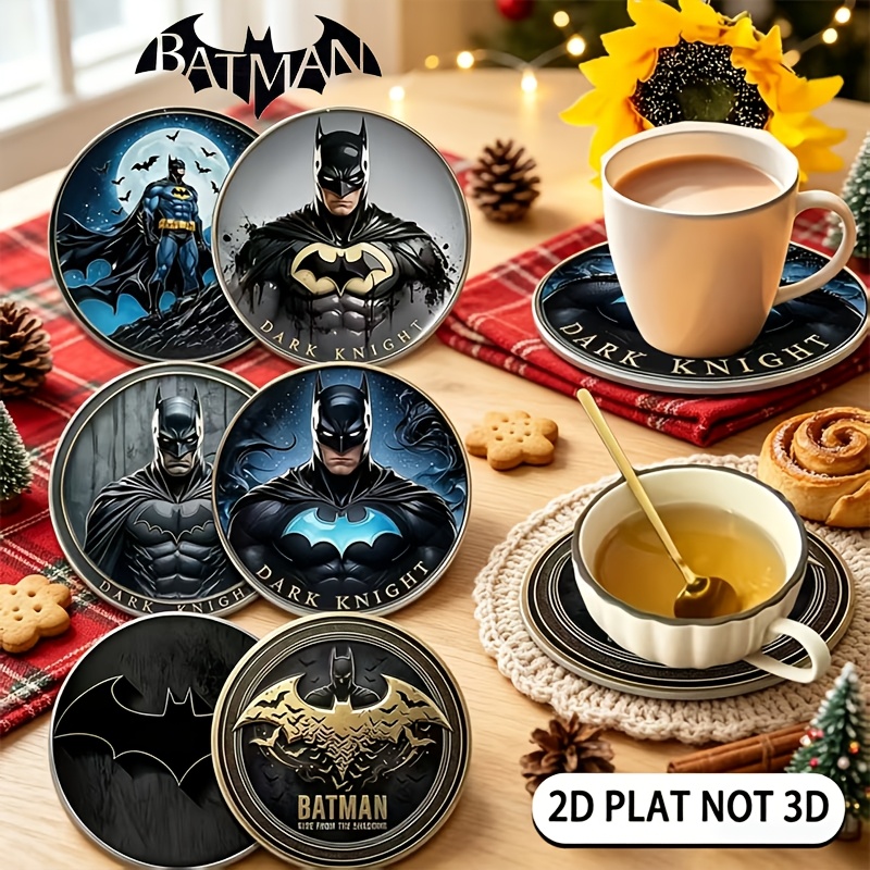 TEMU Batman-themed Round Coaster Set, Classic Superhero Patterns, 6pcs Different Designs, 2d Flat Printing Non-3d Effect, Wooden Material Insulating