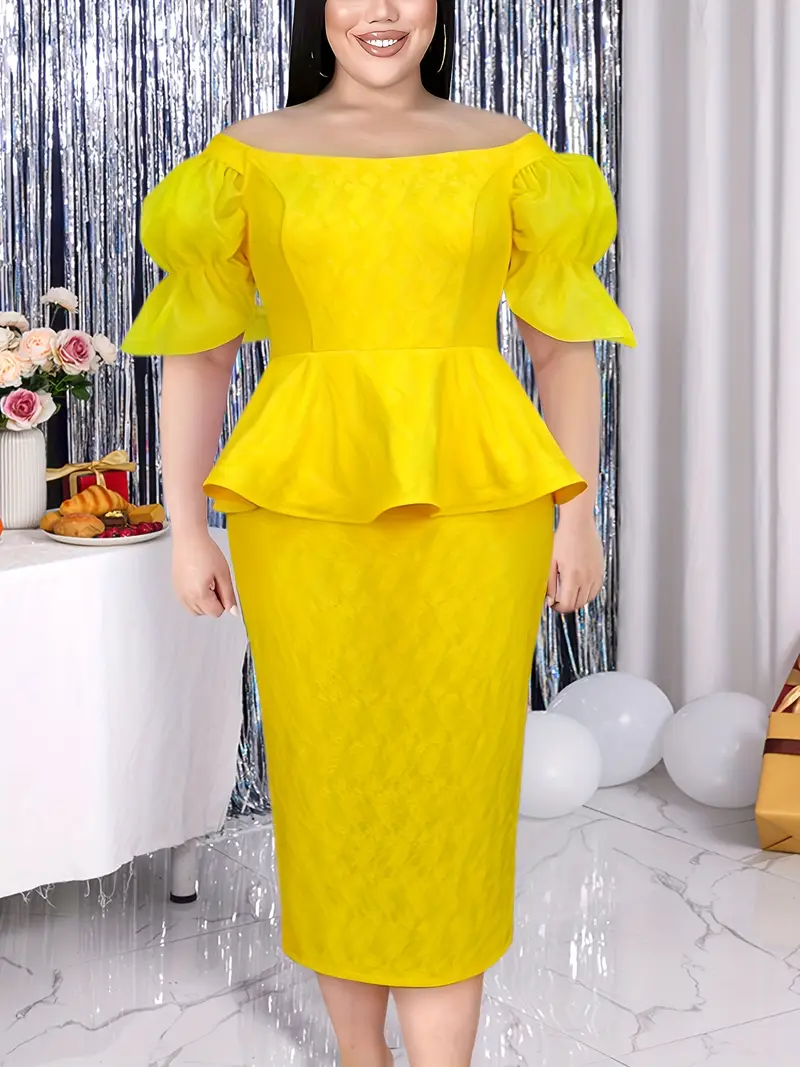 plus size plus size an elegant yellow shoulder lace dress - Temu plus size plus size an elegant yellow shoulder lace dress - Temu