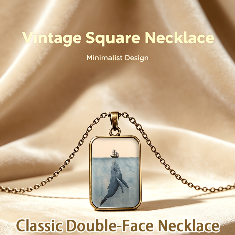 TEMU 1pc Square Transparent Glass Base Classic Creative Necklace/pendant, Blue Ocean With Whale Jumping Out Of Water Sailboat Floating Scene Colors
