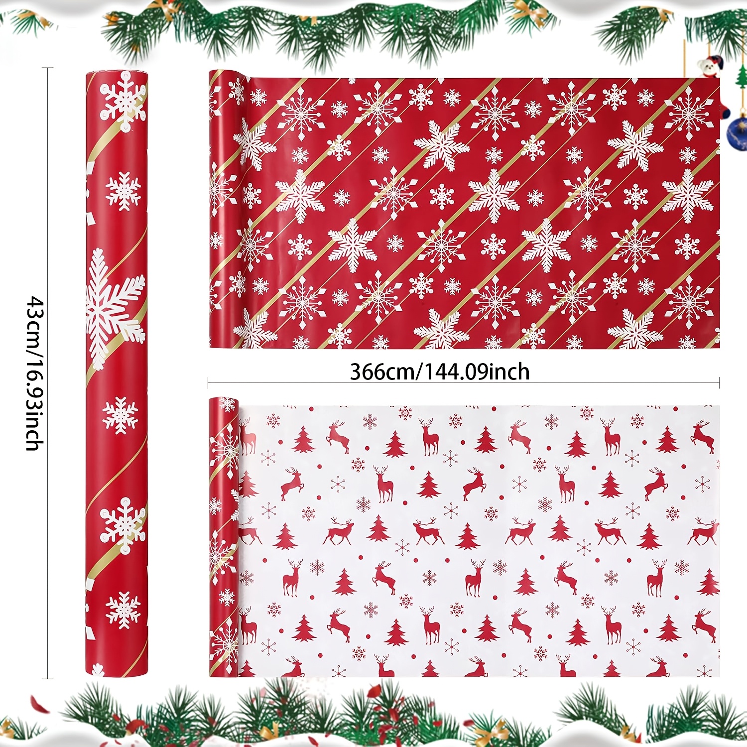 TEMU 1 Rouleau de Papier Cadeau de Noël - de Neige Élan Sapin de d'Emballage Cadeau, Papier Cadeau de Noël de Neige, Papier Cadeau Rouge, Feuille