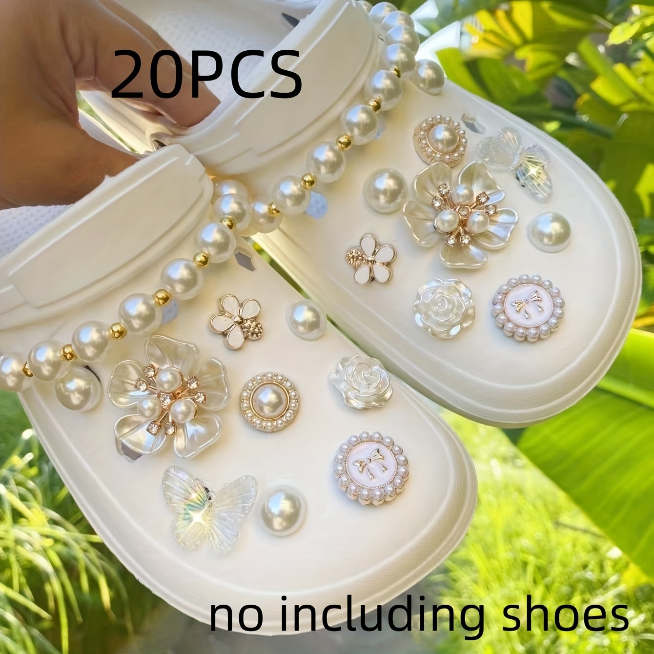 Image of 20pcs Pearl Camellia Flower Necklace Set Fashion Shoe Decoration, Removable Shoe Flowers For Clogs, Sandals, Etc., Holiday Gifts