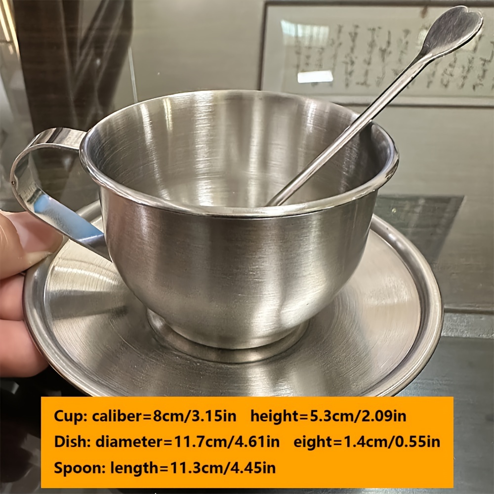 TEMU 3pcs Set Stainless Steel European Style Coffee Cup With Coffee Spoon With Cup And Saucer Coffee Cup Set Heat Insulation Milk Cup European Hotel