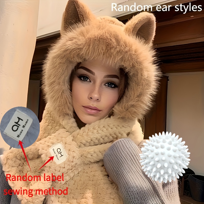 TEMU 2pcs Set (1 Plush Hat + 1 Laundry Ball), Cute Hooded Scarf Hat, Thick Solid Color Winter Hat, Plush Neck Gaiter, Warm Small Bean Pod Elastic
