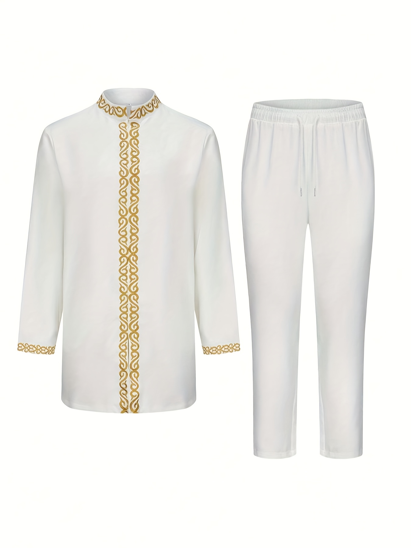 Men'S Vibrant Blue Traditional African Embroidered Suit - Slim Fit, Long Sleeve, Round Neck, Polyester Blend for Weddings, Parties & Casual Wear, Party Attire, Intricate Embroidery