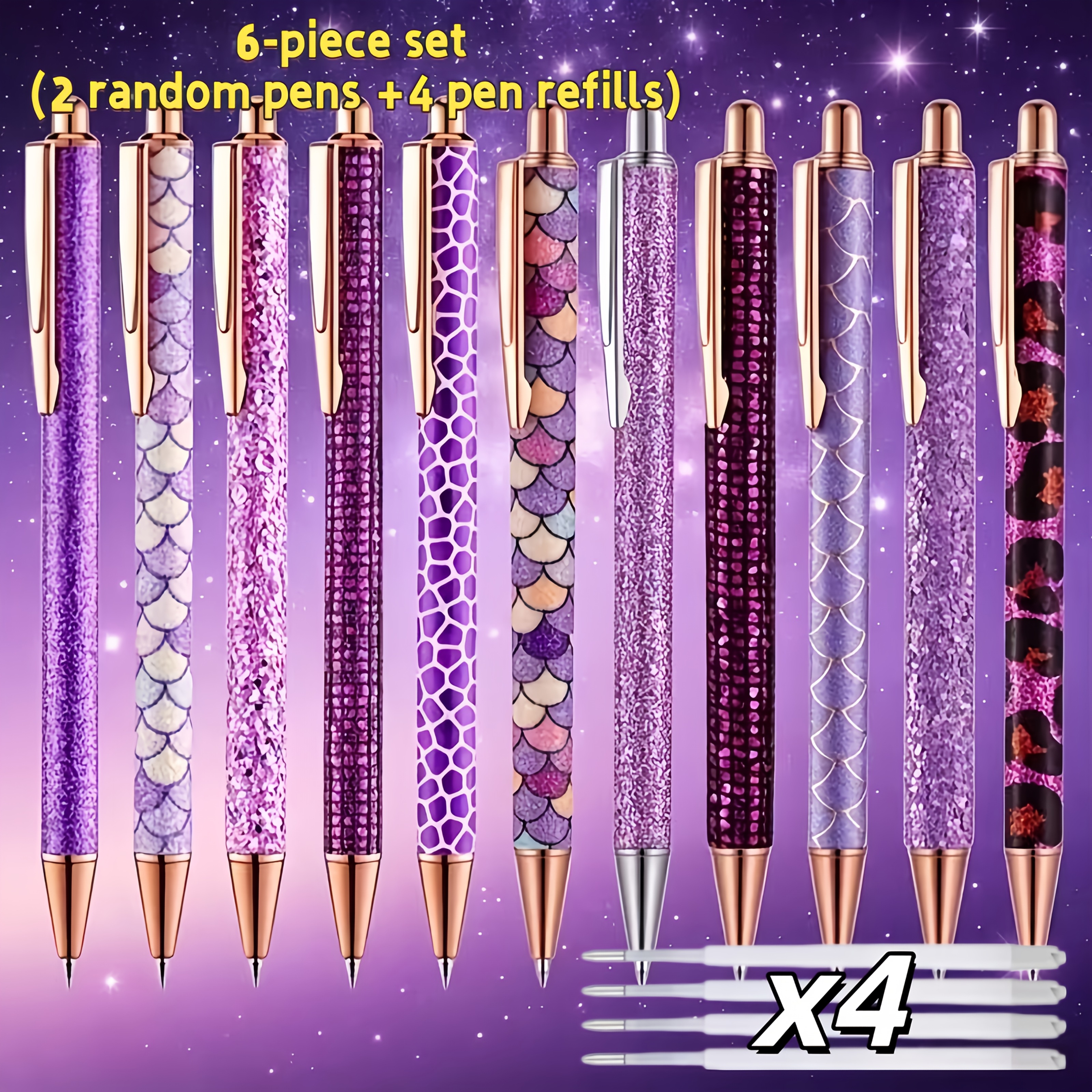 TEMU 6pcs Vibrant Purple Aesthetic Pen Set, Includes 2 Random Pens + 4 Refills, Purple- Star Luxury High-end Rose Gel Pen, Shimmering Gel Pen,