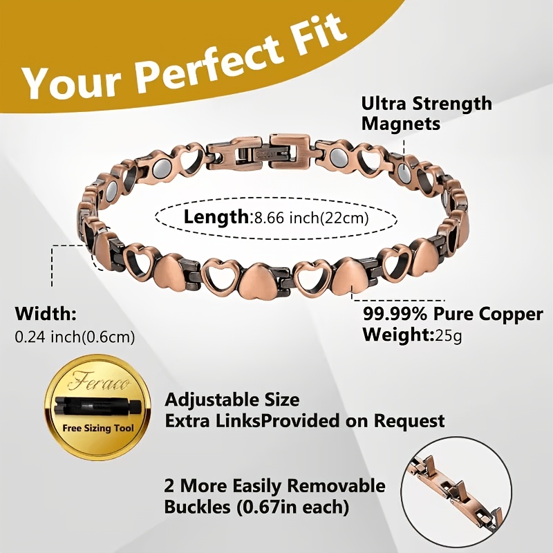 TEMU Bracelet magnétique en cuivre pour femmes, équipé d'un aimant en cuivre pur à 99,9 % - Cadeau avec outil de réglage de taille inclus