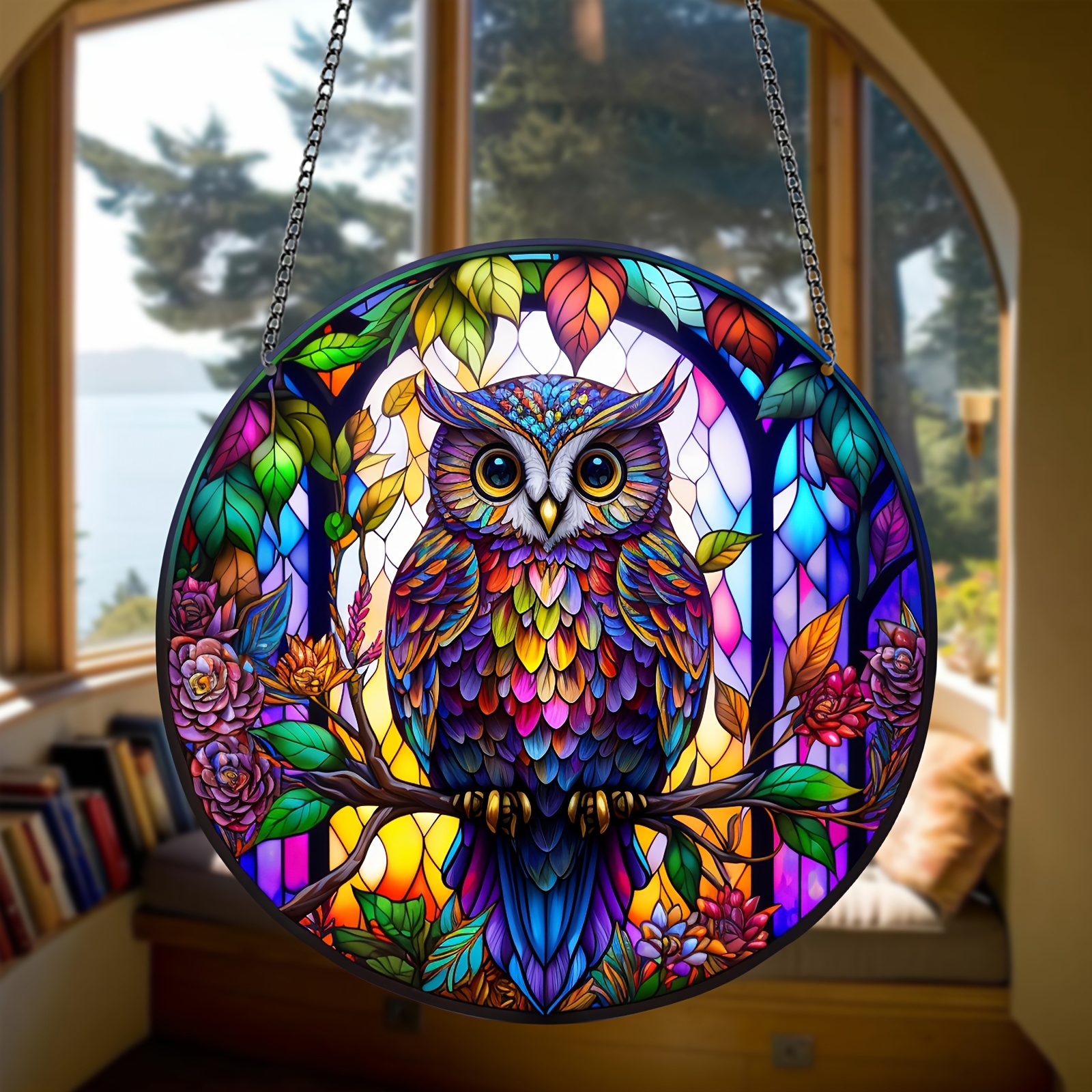 

1pc, Cute Owl- Acrylic Painted Glass Window Hanging For Office, Room & Kitchen Decor, Garden Decor, Perfect Gift, Birthday Wedding Home Decor, Sun Catcher, Colorful Sunshine Decor