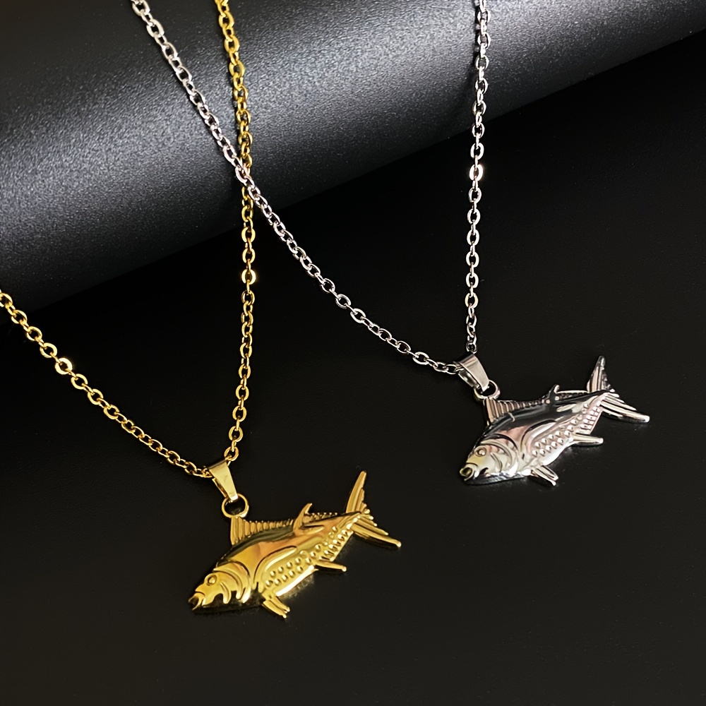 Gold Fish Pendant with Silver Chain Necklace - (S925 - Sterling