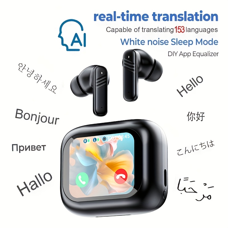 TEMU Anc Noise Cancelling Ai Translation Headphones, Multi-chinese Translation, With Lcd Screen, In-ear Comfortable Wear, Suitable For Business