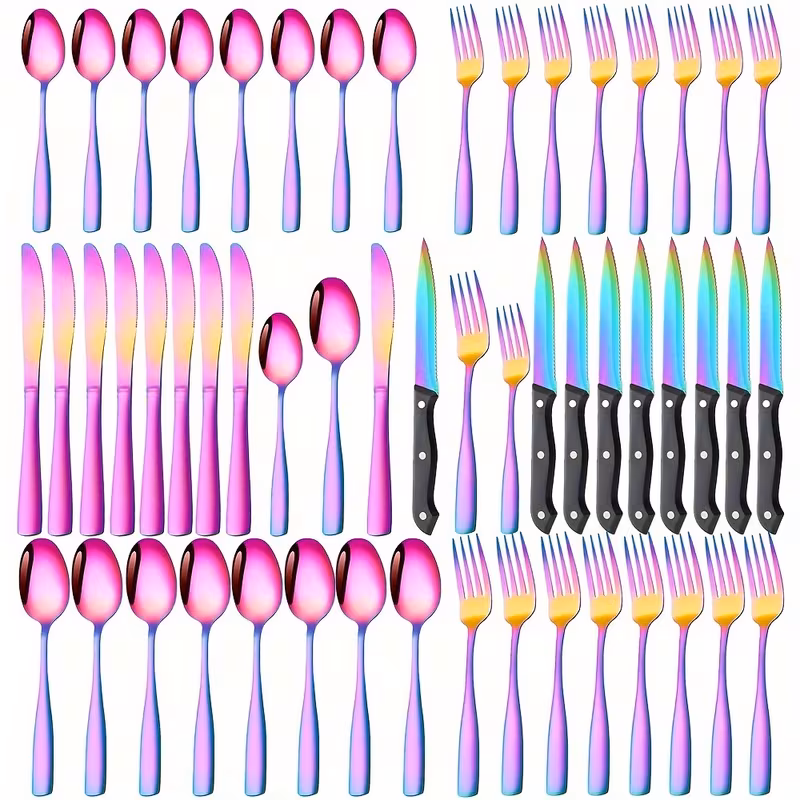24 48pcs black stainless steel flatware set polish families hotels knives forks spoons cutlery set with gift box for 8 durable polished dishwasher safe halloween parties weddings banquets silverware set Product details 1