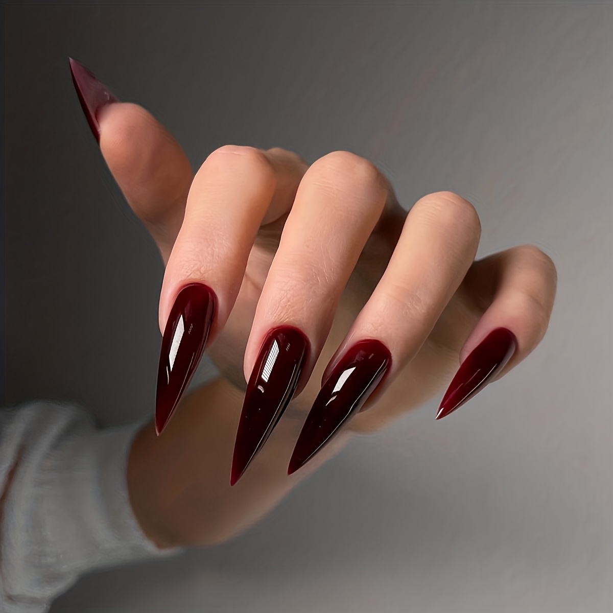 TEMU 120pcs Long Stiletto Press-on Nails, Glossy Premium Wine Red Fake Nails, Bend-resistant Cool Dark Vampire Gothic Style Manicure, Suitable For