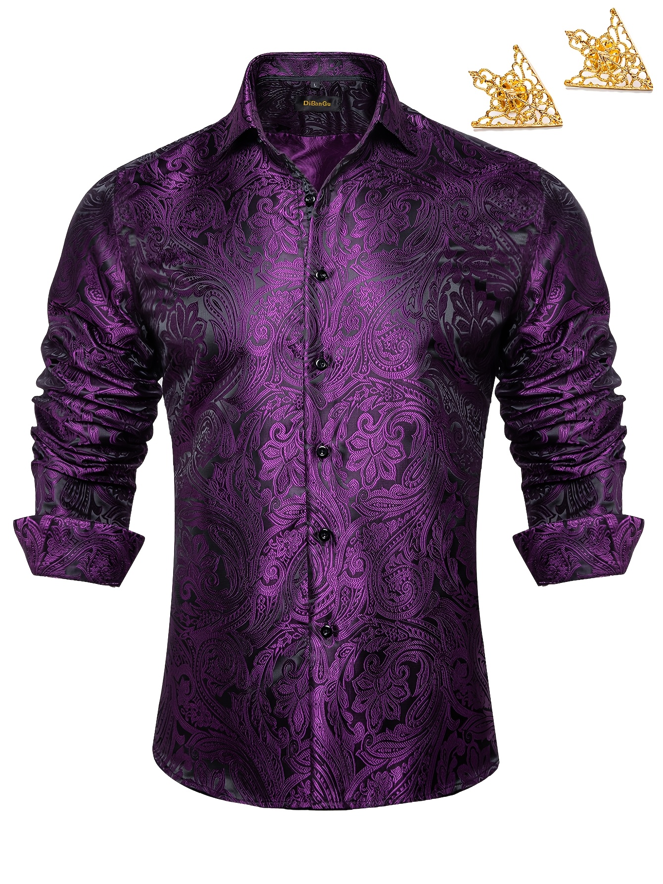 elegant mens long sleeve button up shirt with golden lapel pins non stretch   formal wear for business or night out dressy dress attire sophisticated style single breasted shir