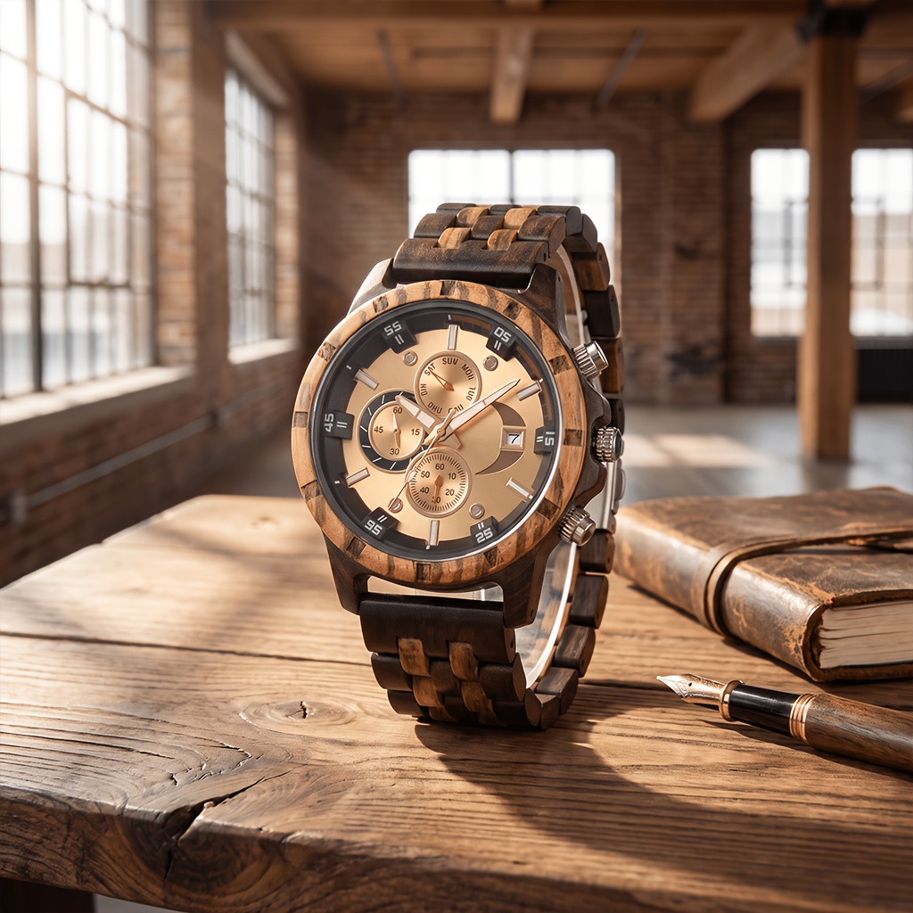 Luxury 's Watch, Wooden Multifunctional Quartz Wristwatch With Calendar And Week Display