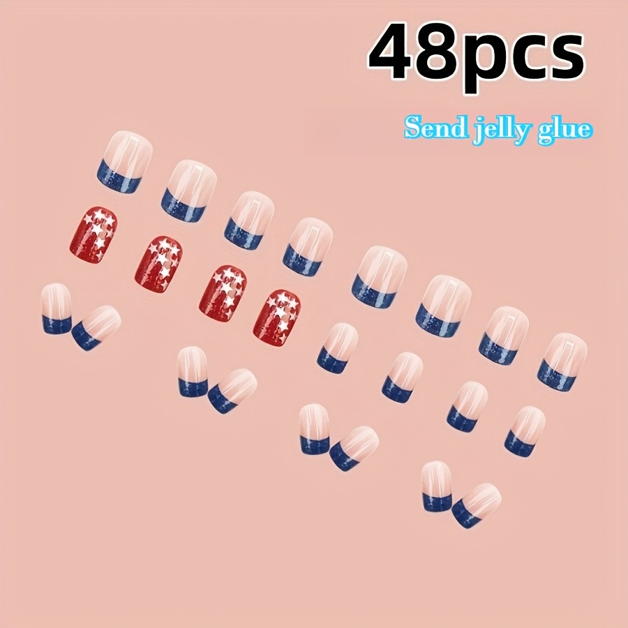 TEMU 48 Patriotic Fake Nails - Smooth Short Square With Stars And , Mixed Colors, Perfect For , Daily And Parties, Holiday Nail Art, Party