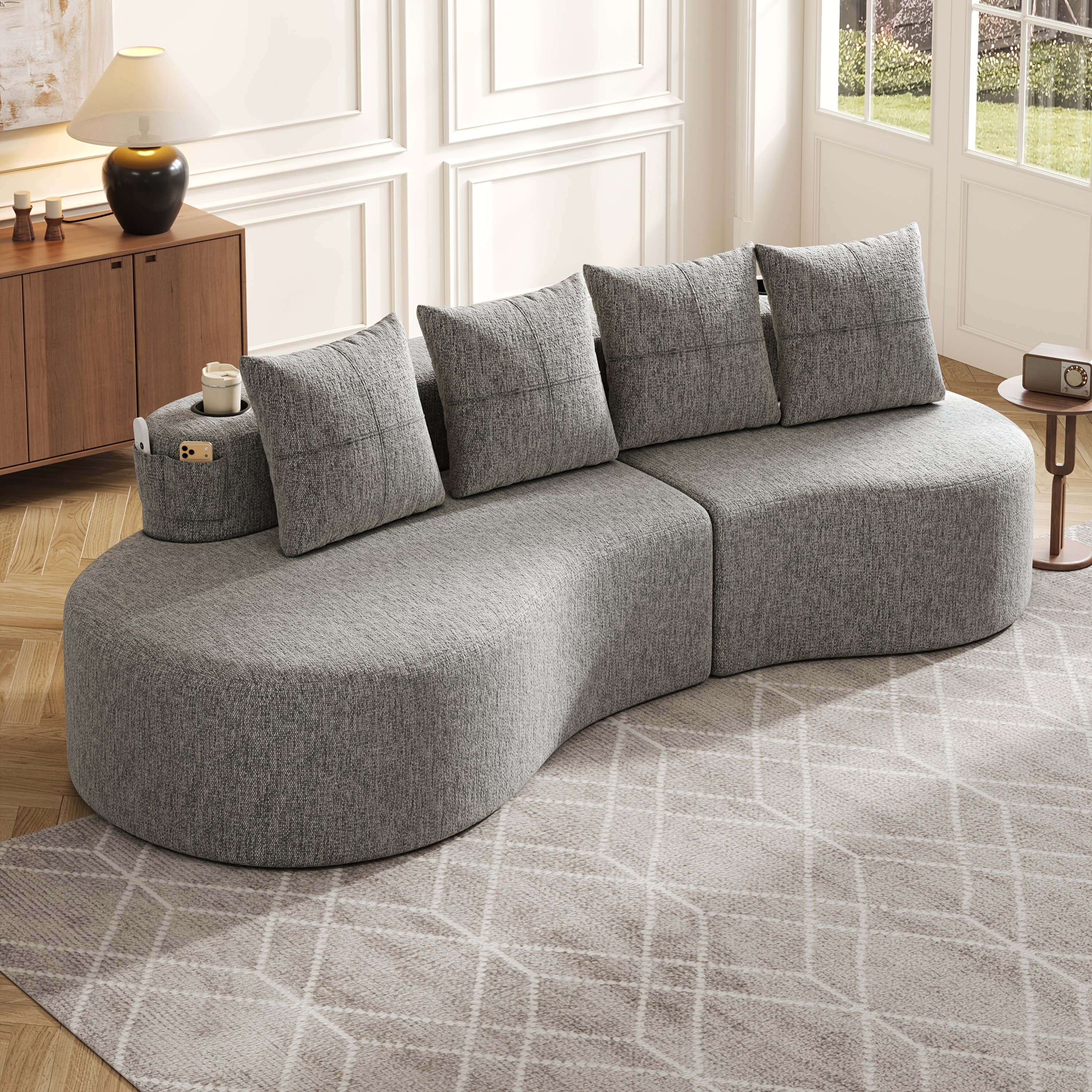 Linen Fabric Sofa With 4 Pillows, High-density Foam And Spring Support, Cup Holder And Side Storage Pocket, Breathable Ergonomic Couch, Modern Stylish Sofa For Living Room Balcony