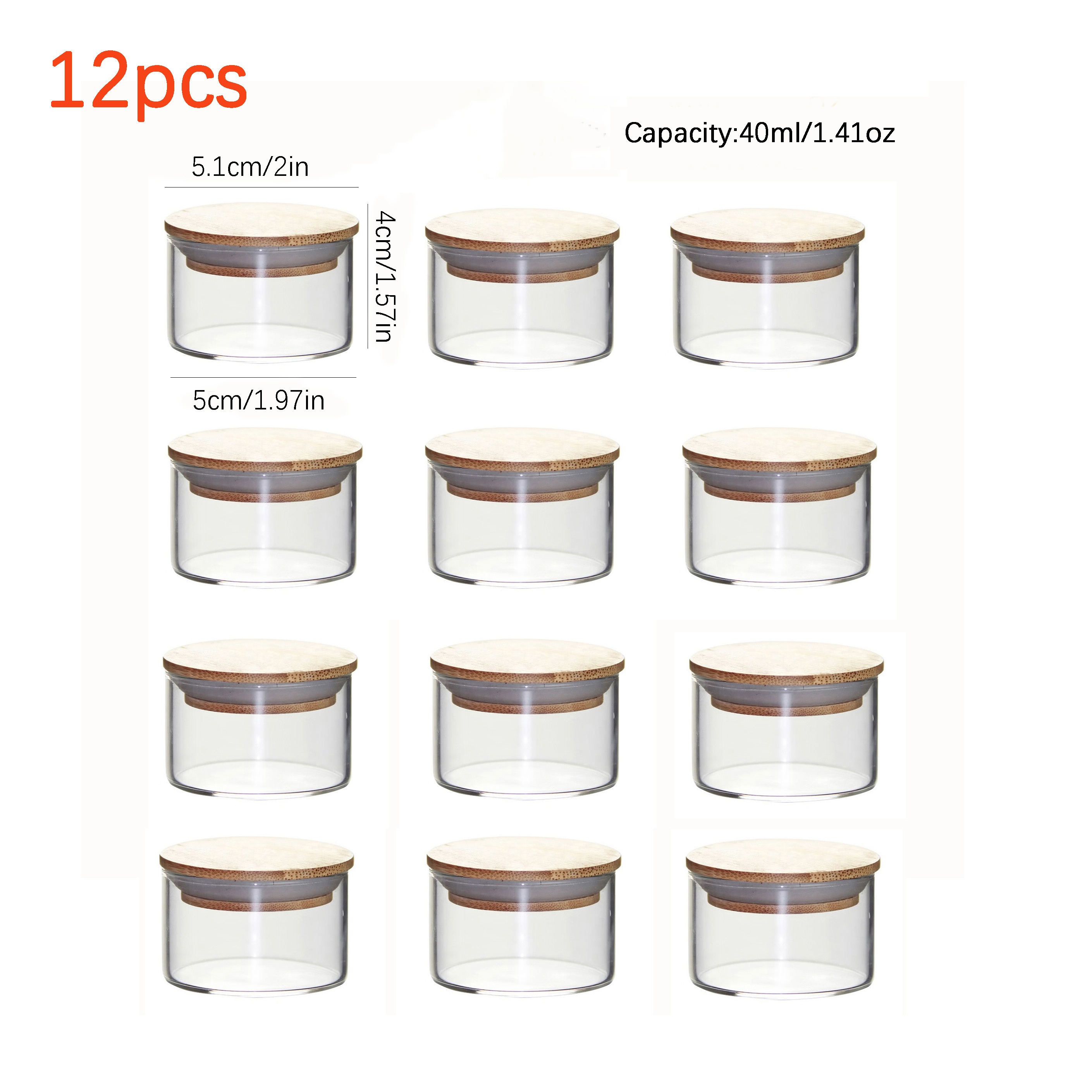 Image of 10pcs/12pcs Set Of 40ml Airtight Transparent Round Bamboo-lid Glass Storage Jars For Loose Tea, Spices, And Mini Storage Containers