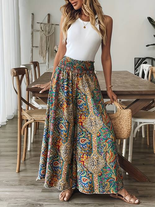 pantalones de mujer de cintura , pierna ancha y , con estampado de cachemira, para vacaciones