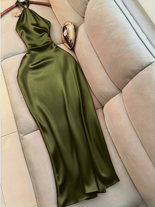 y2k womens summer new satin halter dress olive green backless and long dress