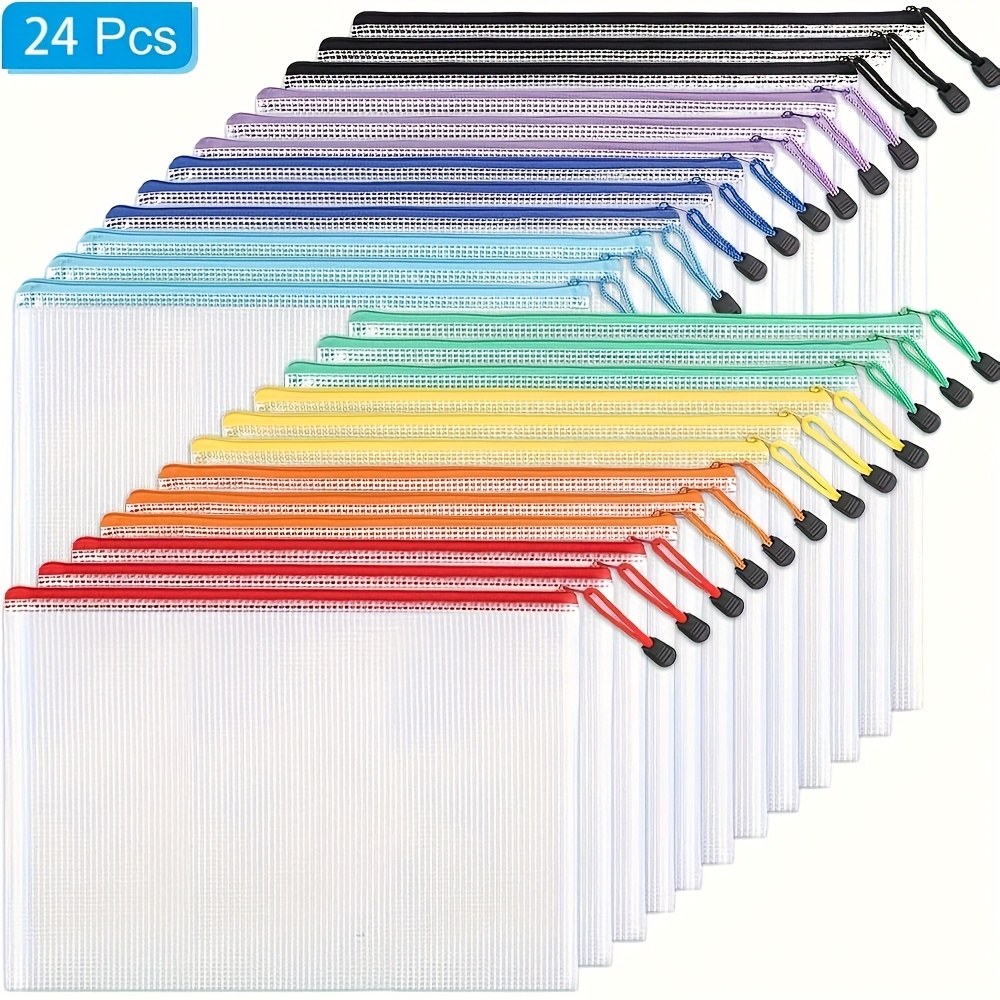 Image of 24pcs A5 Random Color Zipper Document Bags With Handles - Durable Pvc Organizer For Office, School, - Assorted Vibrant Colors, Perfect For Storage & Travel, Zipper Pouch Bags, School Supplies