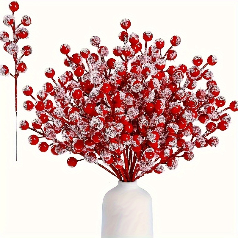 

10pcs Snow Frosted Artificial Stems, Winter Christmas Decor, Red Spray Picks Branches, Suitable For Christmas Tree Decoration Holiday Diy Crafts Ornaments Home Decor