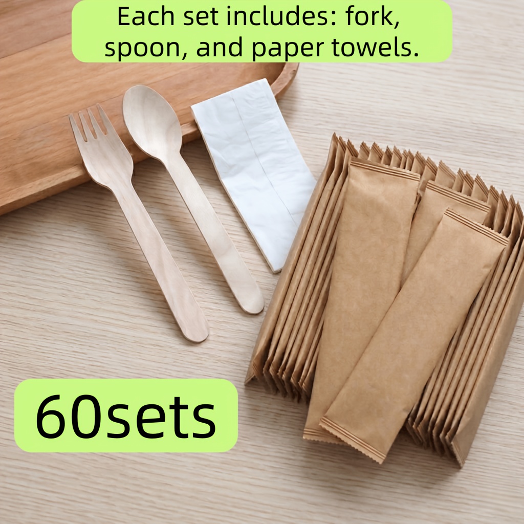 TEMU 6.3 Inches, 30 Sets/60 Sets, Individually Packaged, Fork-spoon-napkin Set, 3pcs Per Set: Fork, Spoon, Napkin, Paper Sealed Packaging | Ideal For