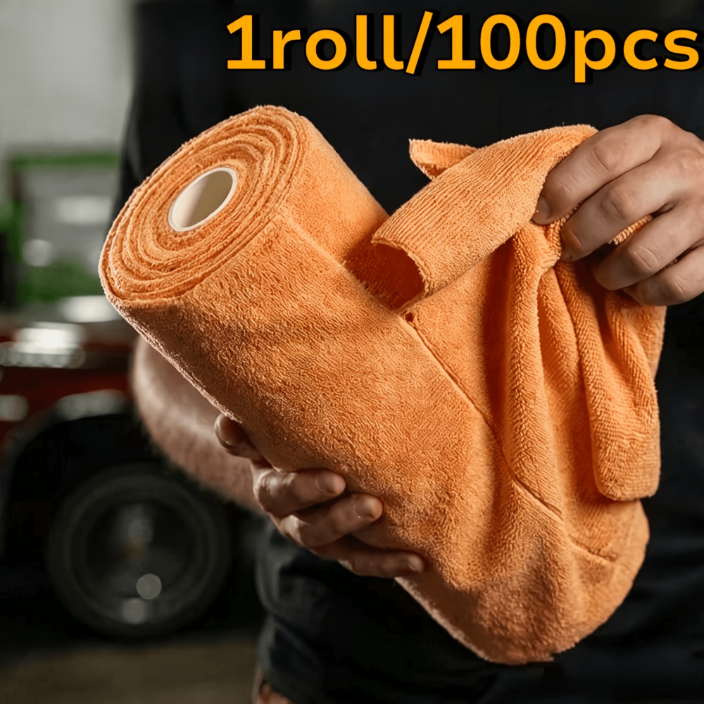 TEMU 1 rollo/100 toallas de limpieza en rollo de microfibra extragrandes naranjas, toallas desprendibles, aptas para coche, cocina y limpieza del