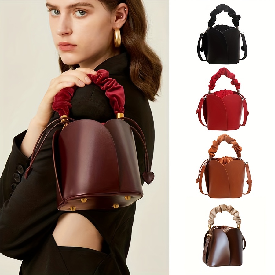 

Genuine Leather Bucket Bag, Trendy Drawstring Handbag, Women's Cylinder Petal Purse