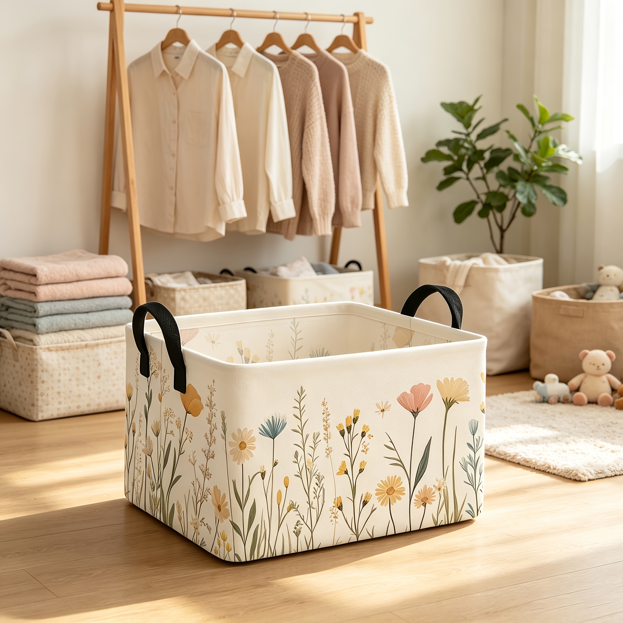 TEMU Un bac de rangement surdimensionné pliable à ouverture supérieure avec poignées, présentant un motif floral doux aux Morandi. Parfait pour