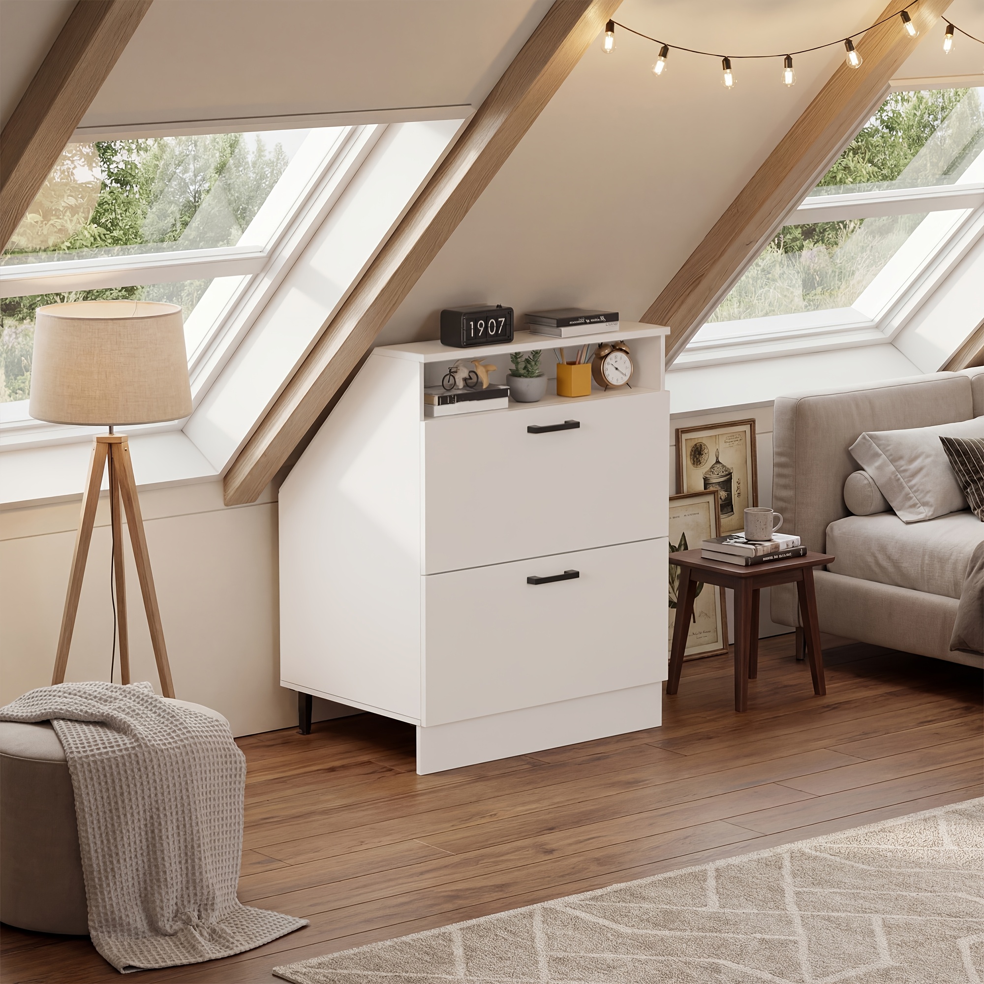 Image of Storage Cabinet, Slanted Closet, Drawer Cabinet, Slanted Storage Cabinet With 2 Drawers, Slanted Closet With Adjustable Legs, Suitable For Slanted Walls, 60 X 46 X 81.5 Cm, White