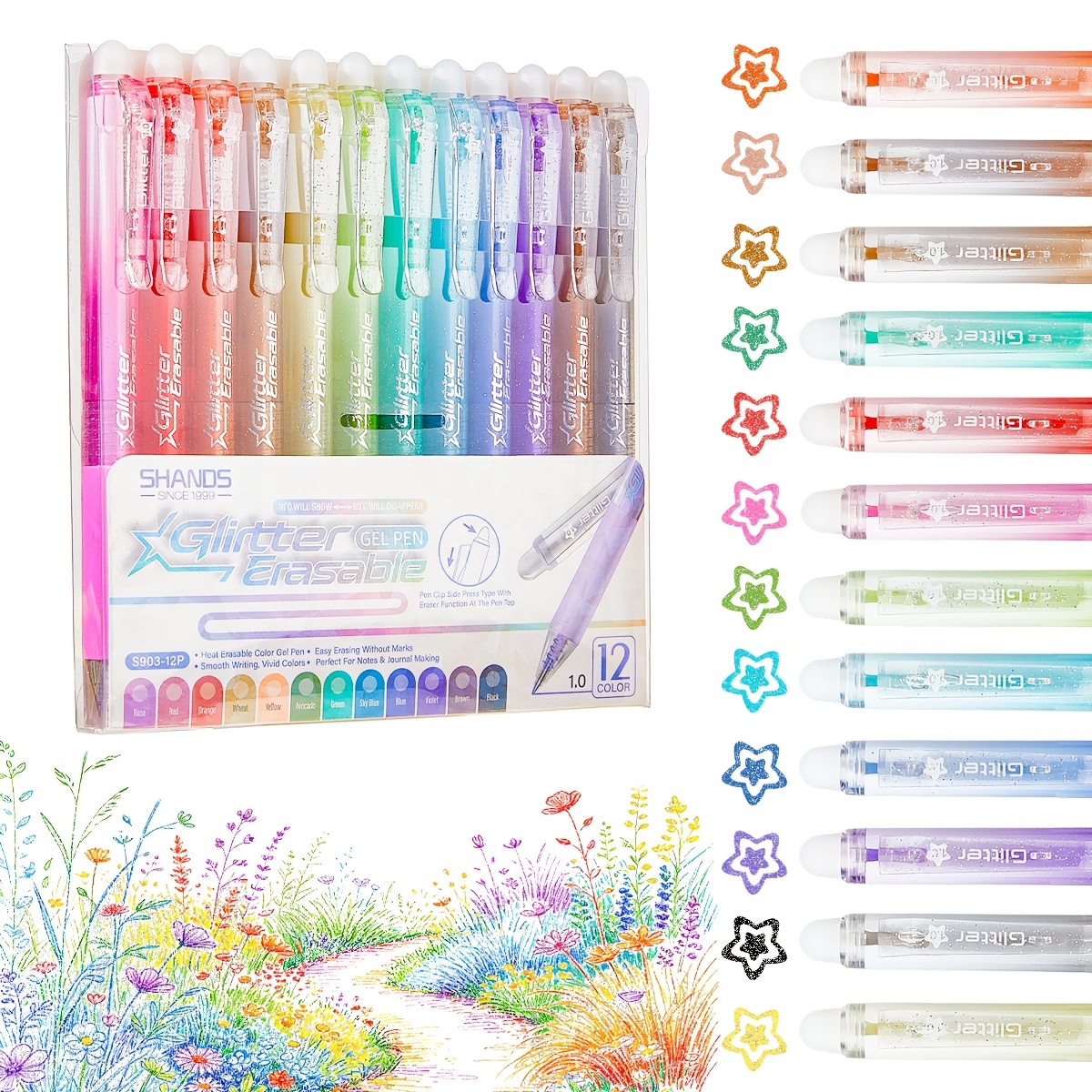 TEMU 12-pack Glitter Erasable Pens, 0.7mm Colored Gel Pens, Retractable For Smooth Writing, For Journaling, Diaries, Drawing, Coloring, Highlighting,