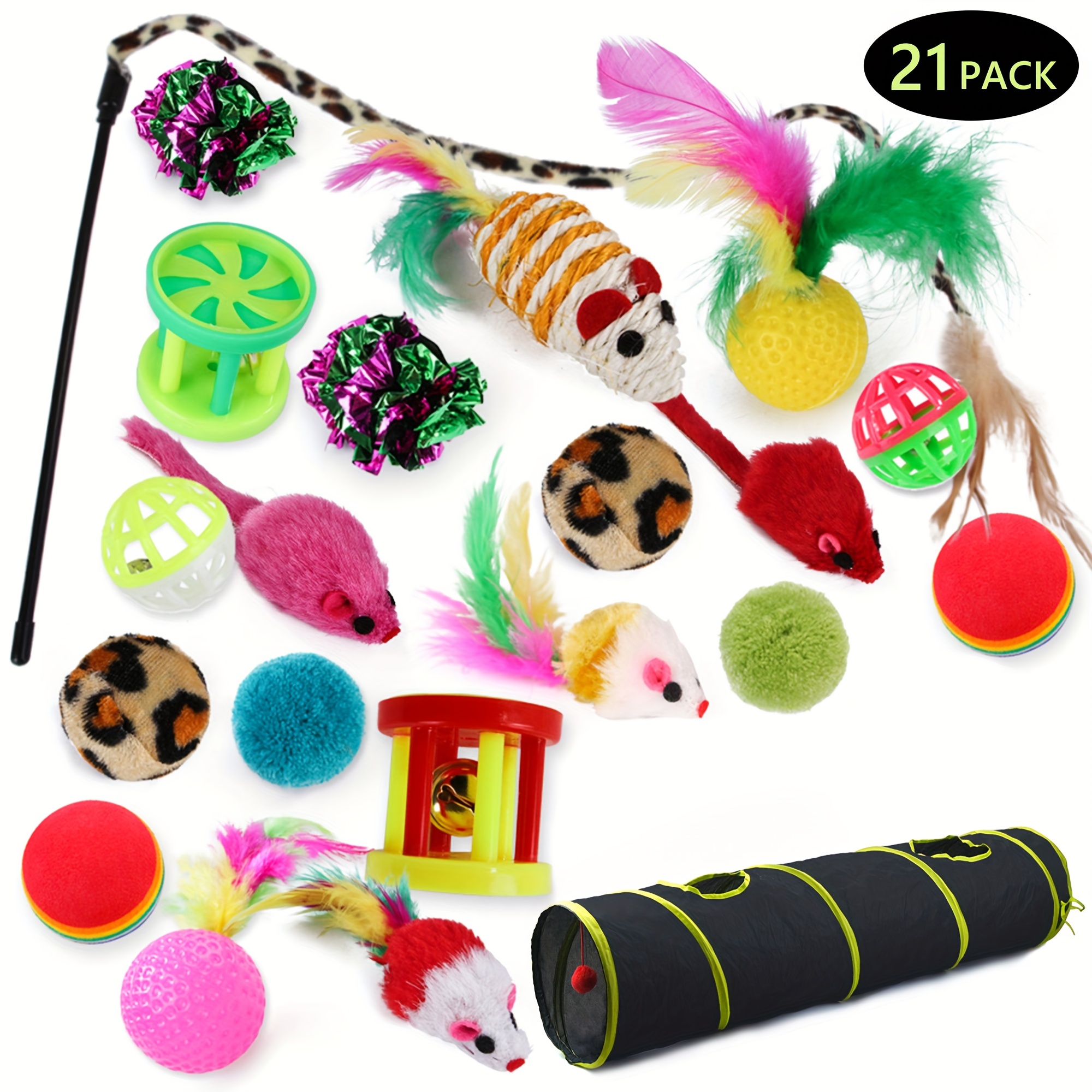 

Tripumer 21pcs Cat Toys Kitten Toy Set Tunnel Interactive Cat Toys Straight Through Kitten Tunnel Leopard Print Teasing Stick Fluffy Mouse For Cats Puppies Rabbits