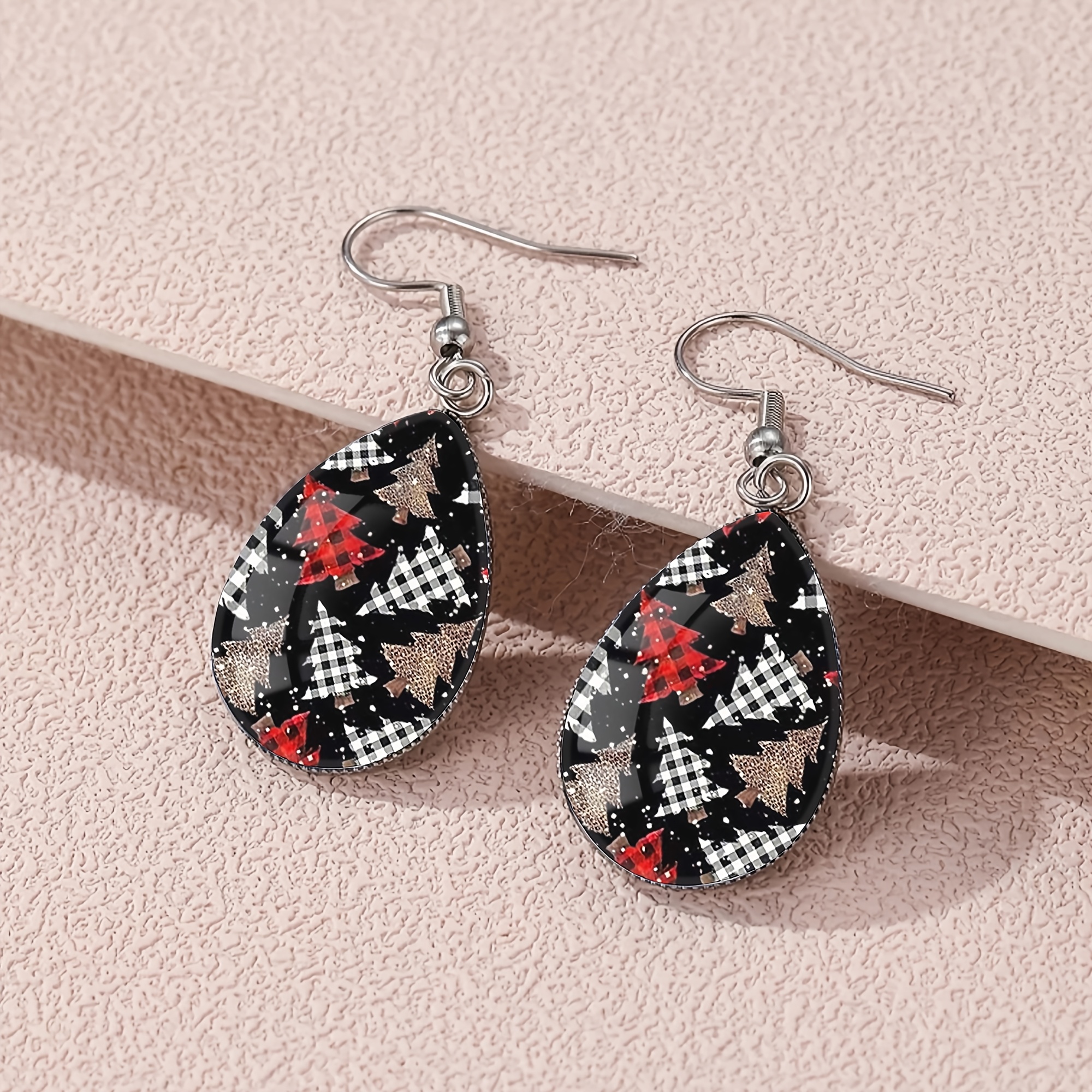 Teardrop Earrings with Red, White, and Golden Checkered Pine Tree Pattern