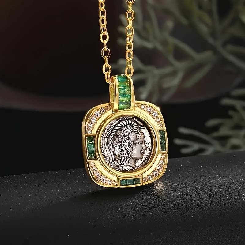 TEMU Retro Helmet Athena Pendant Necklace Set With Shiny Synthetic Green Zirconia Fashionable Birthday Party Jewelry Day Gift