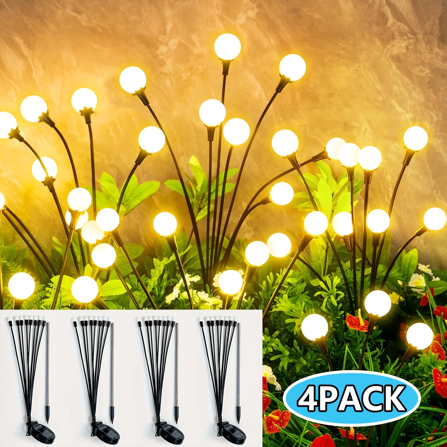 TEMU Solar Firefly Lights 2 Packs - 8 Lights/ 4 Packs - 8 Lights, Weather-resistant Outdoor Garden Path Lights, Suitable For Yard And Courtyard, ,
