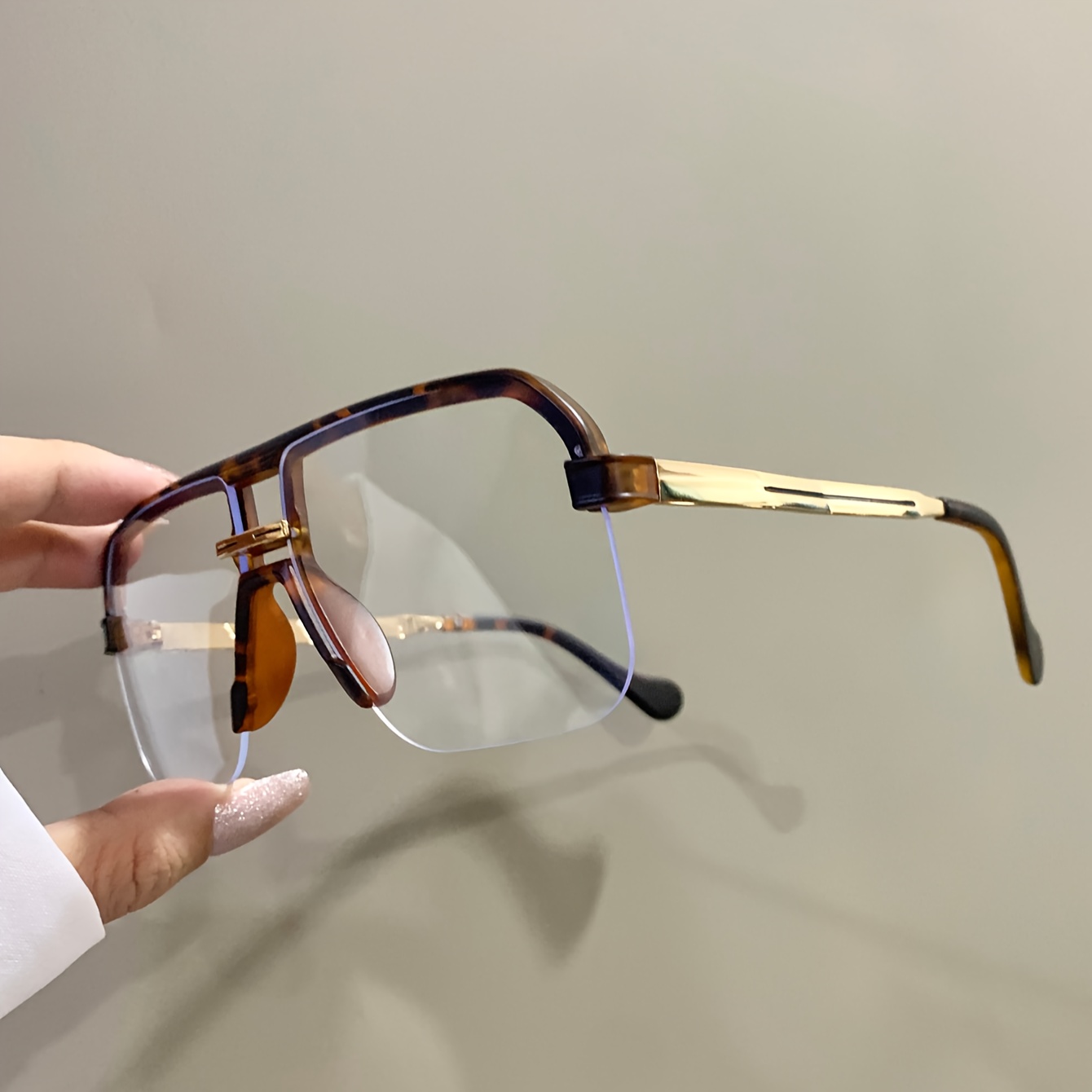 2d Flat - Fashion Half Rim Frame Glasses, Flat Top, Double Beam, Pc Lens, Metal Frame Legs Trendy Eyeglasses For Women And Men