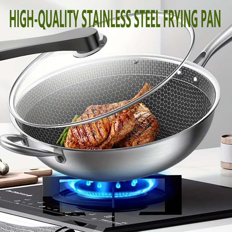 1pc honeycomb stainless steel wok pan with glass lid non   clean induction gas compatible hand wash only   lid ideal for frying steaming fish eggs steak kitchen essential details 0