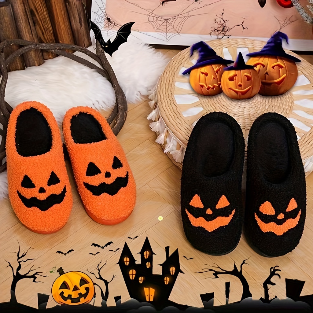 

Pantoufles douces à enfiler pour femmes Jack-o'-Lantern - Chaussures d'intérieur confortables en tissu avec semelle en EVA, style décontracté toutes saisons avec motif de citrouille de dessin animé