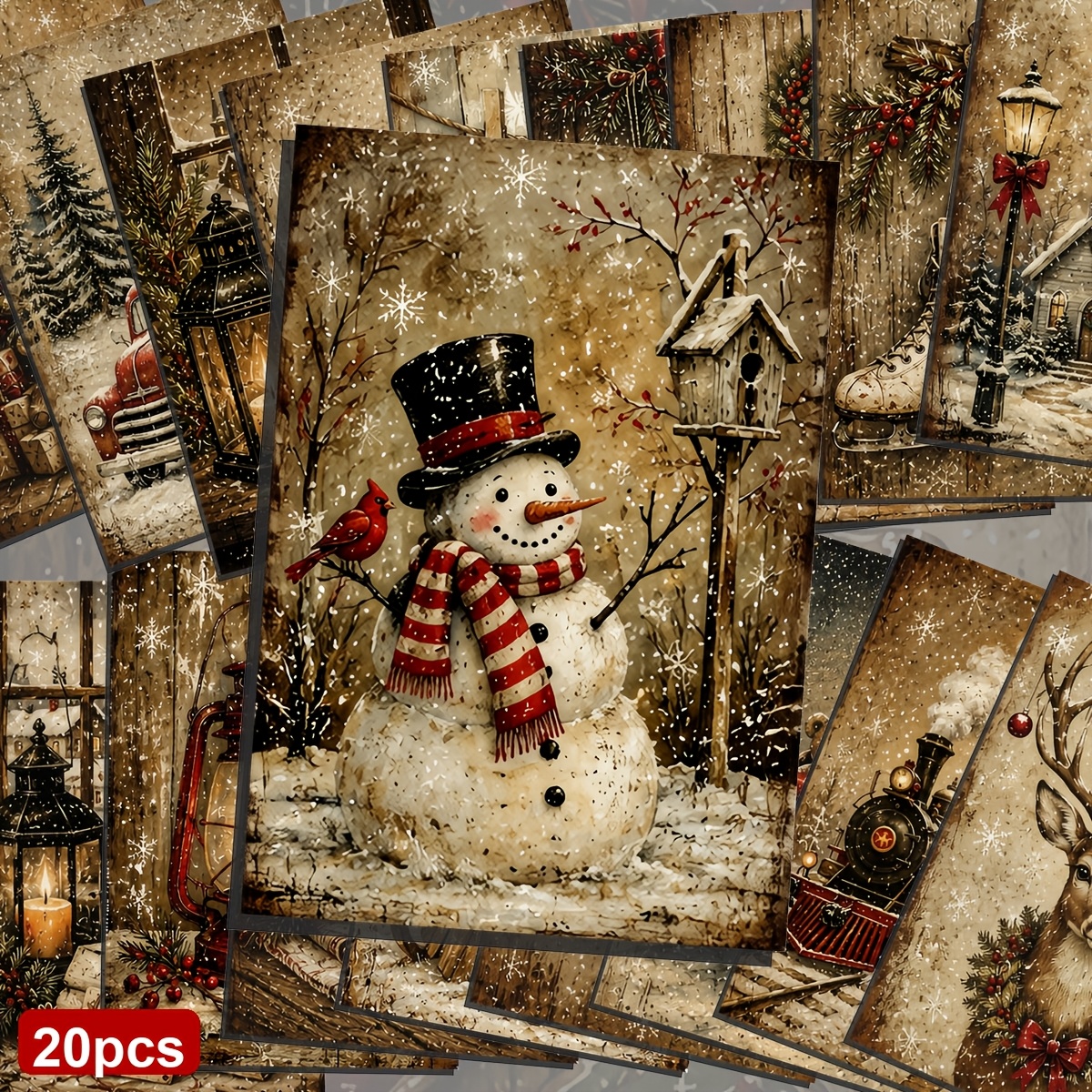 TEMU 20pcs Christmas Holiday Postcards - Rustic Farmhouse Style, Featuring Festive Scenes And , Perfect For Crafting Supplies, Hunts & Gift .