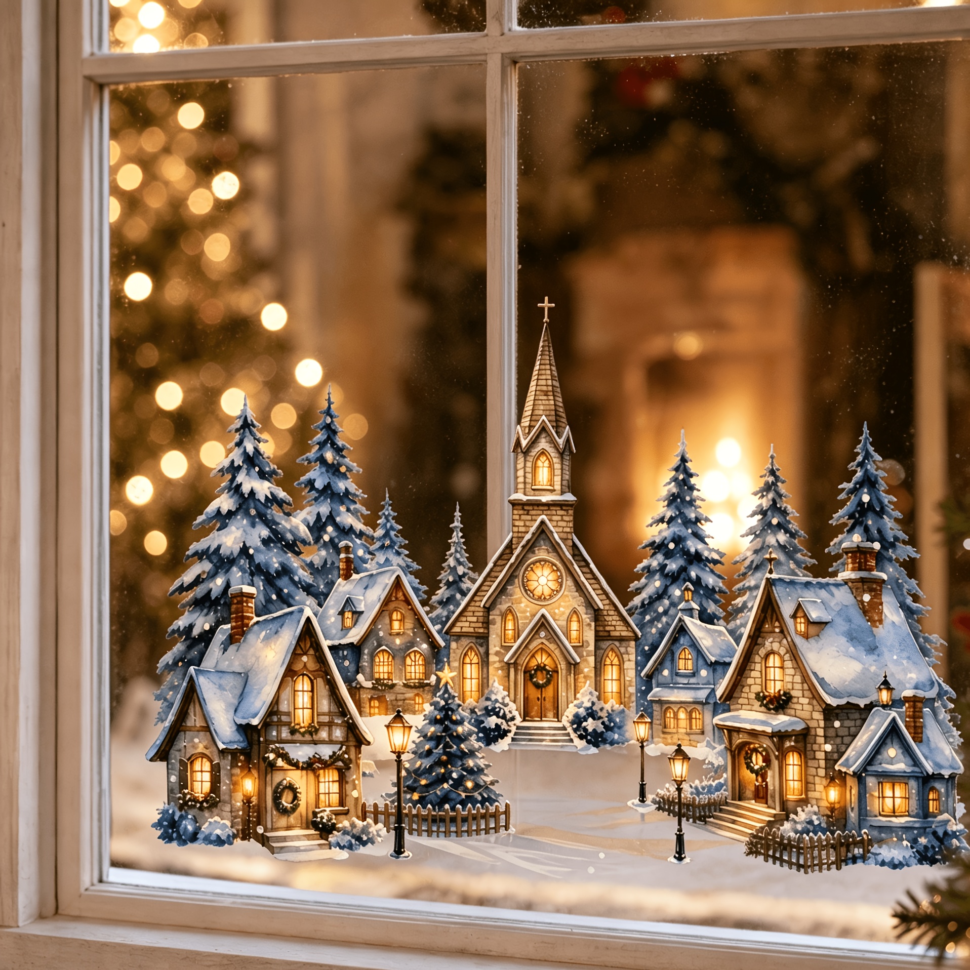 TEMU 1pc Christmas Winter Snow Scene Village Double-sided Window Wall Sticker, Snowy Cabin Church Pine Tree Glass Decal, Warm Light House Pattern