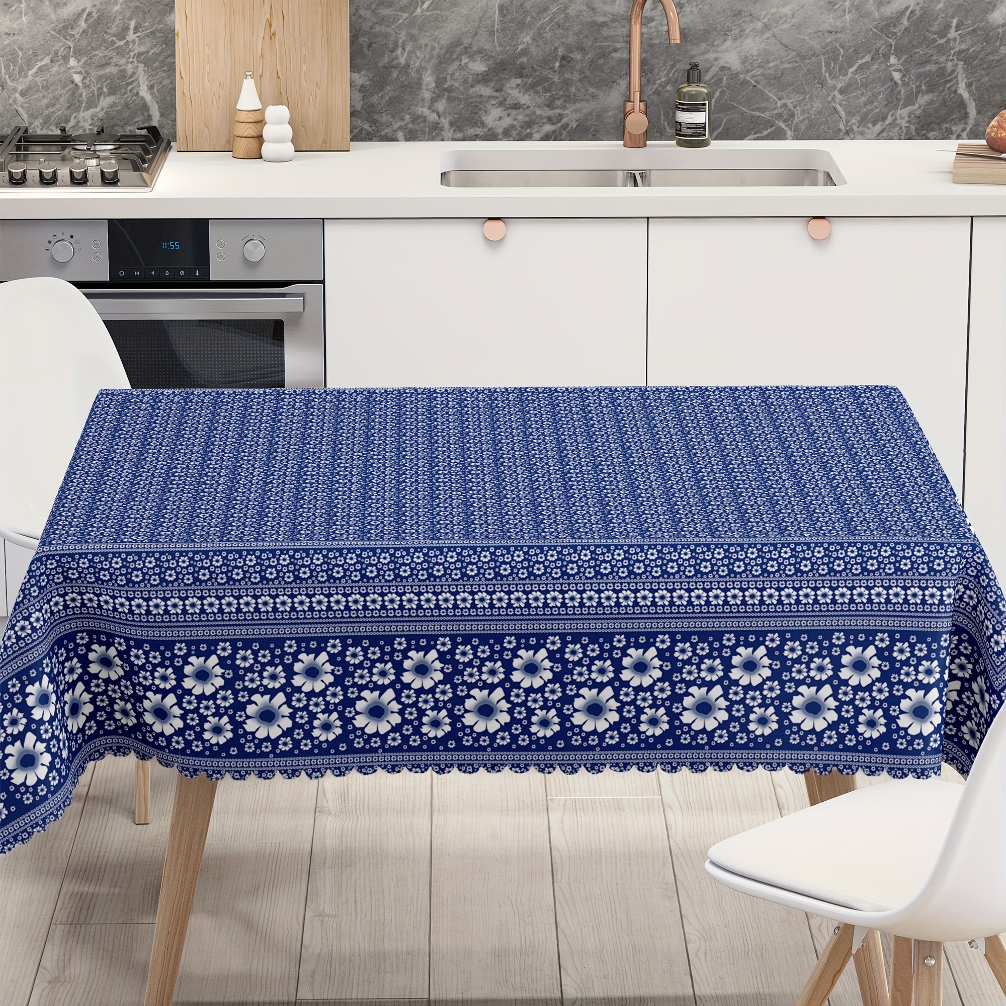 TEMU 1pc Modern Blue Floral Tablecloth, Durable Polyester, Ethnic Style Tablecloth, Suitable For Indoor And Outdoor Use, Rectangular/square