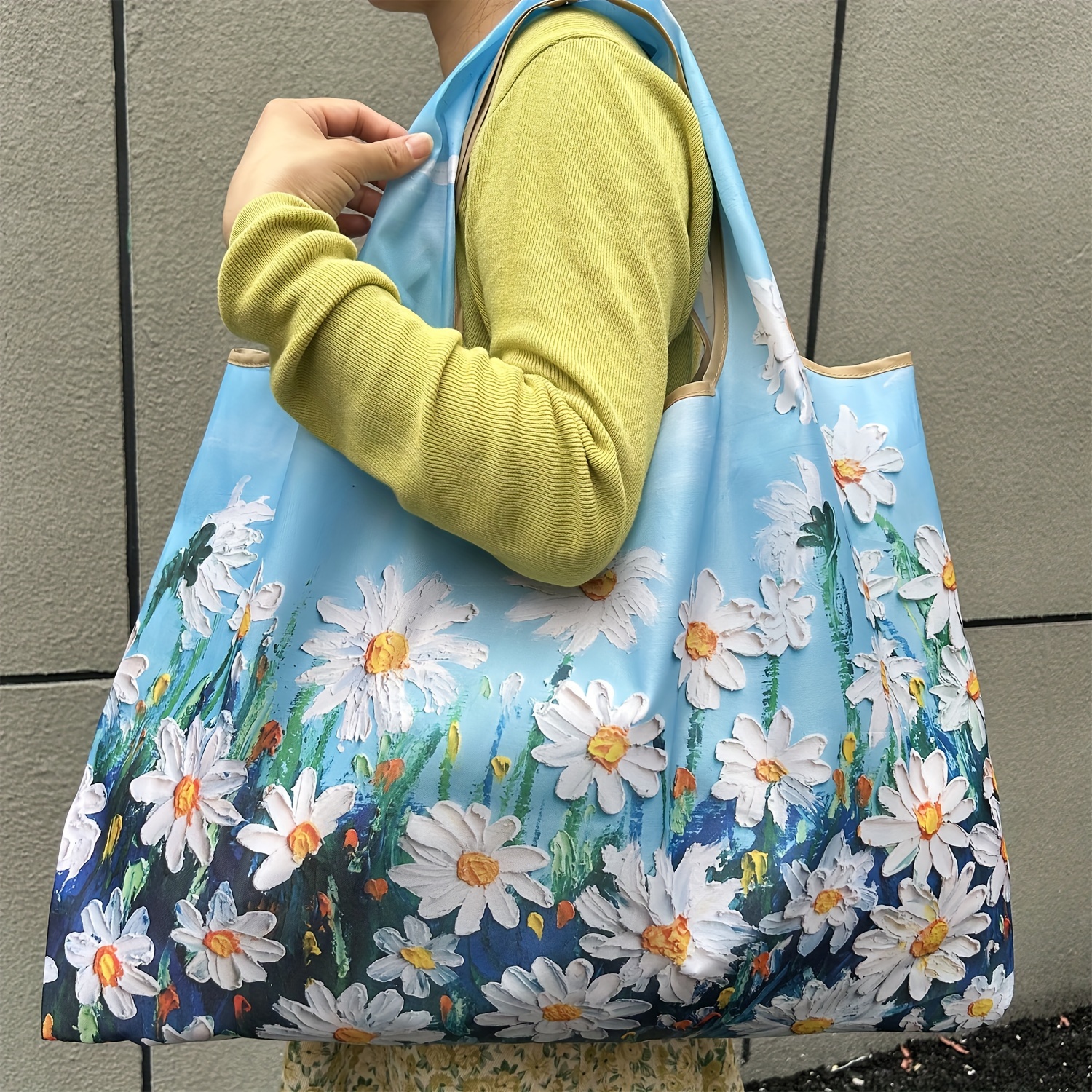 

Oil Painting Daisy Print Large Capacity Portable Shopping Bag For Menwomen, Reusable Lightweight Soft Tote Bag, Foldable Shoulder Handbag, Casual Daypack For Going Out