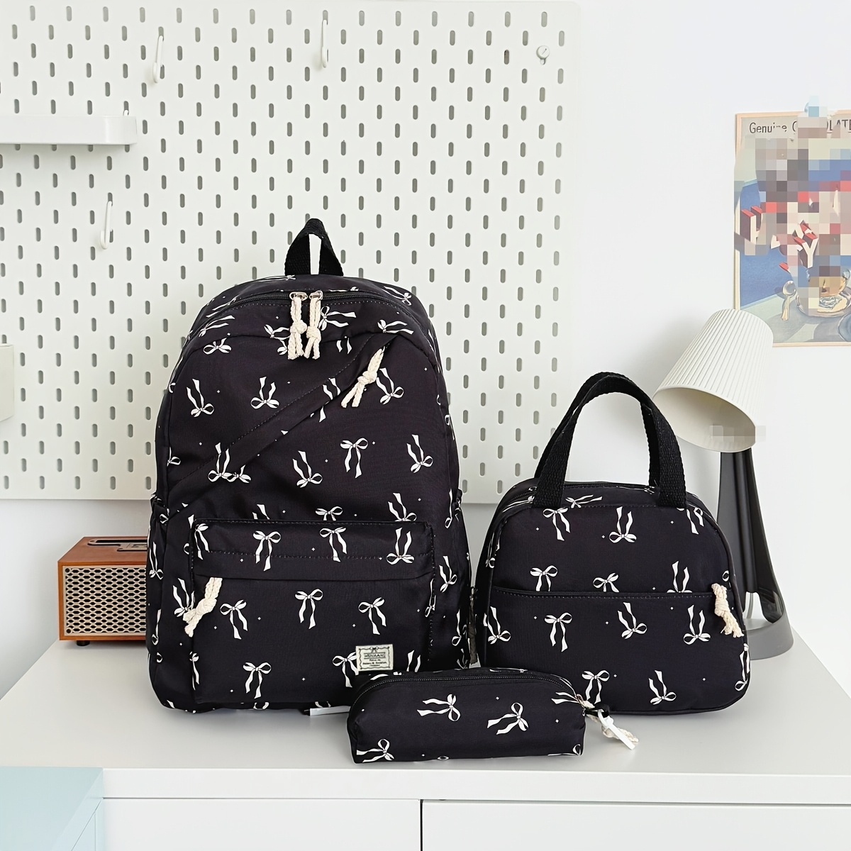 TEMU Ensemble de 3 pièces sac à dos à imprimé nœud, ensemble de sac à dos 3-en-1 à motif nœud , sac à dos style avec sac à déjeuner et trousse,