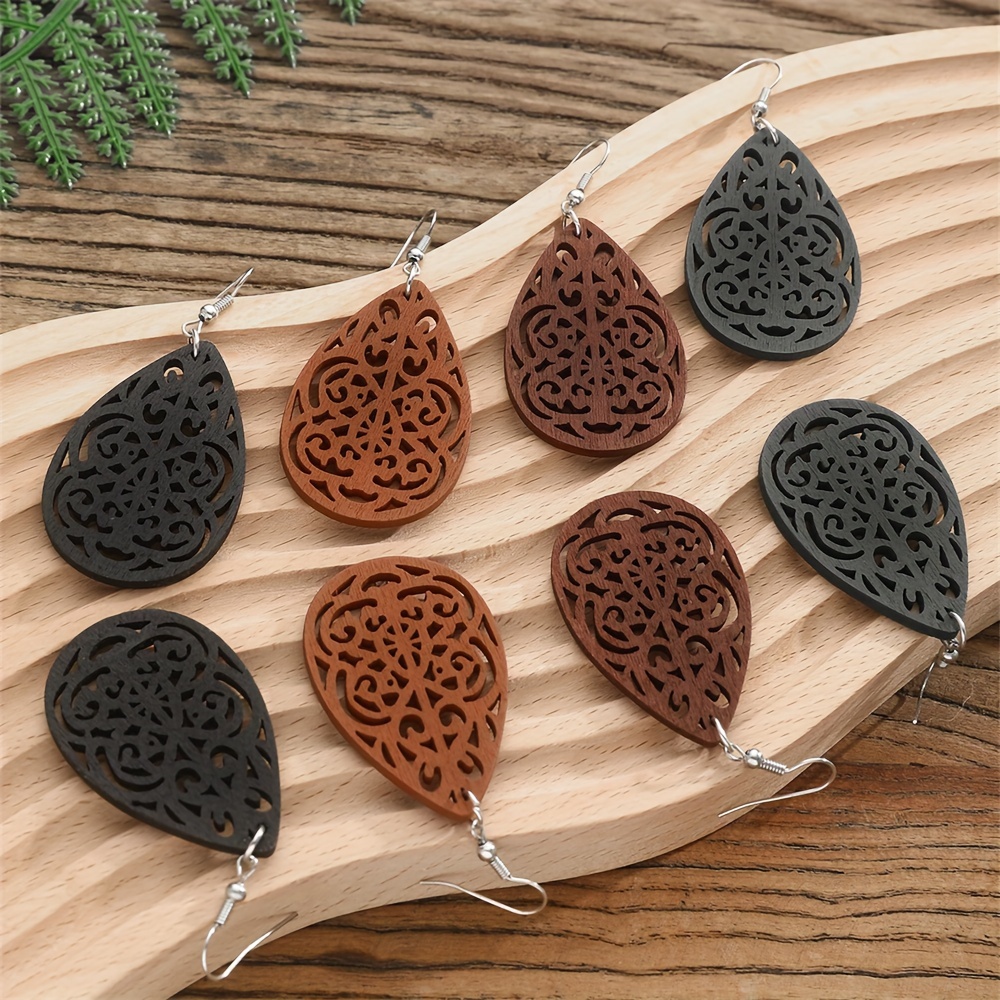 TEMU 8pcs Wooden Hollow Earrings Set Featuring Teardrop-shaped Designs With Ethnic Floral Patterns, Perfect For A Bohemian Vacation