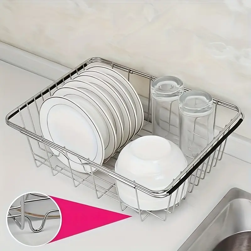 stainless steel drain basket 3 in 1 expandable dish drying rack for sink counter table rust resistant 304 steel multi purpose tableware organizer for plates bowls mugs cutlery Product details 4